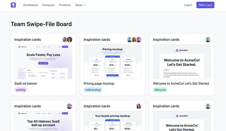 Team swipe-file board with tagged saves